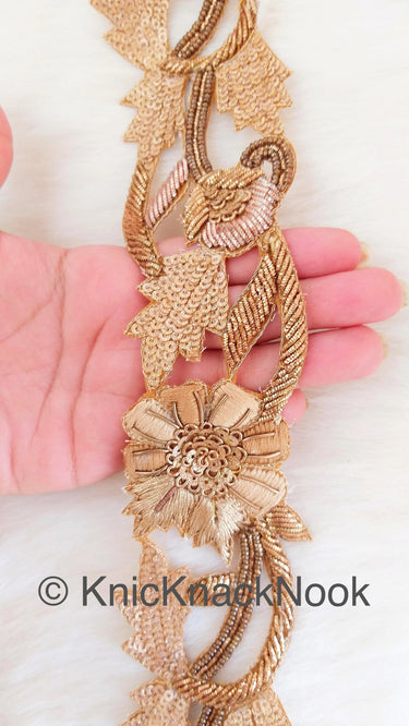 Cutwork Lace Trim Hand Embroidered In Brown & Gold Flowers Zardozi Embroidery, Gold Sequins and Gold Beads, Floral Trim